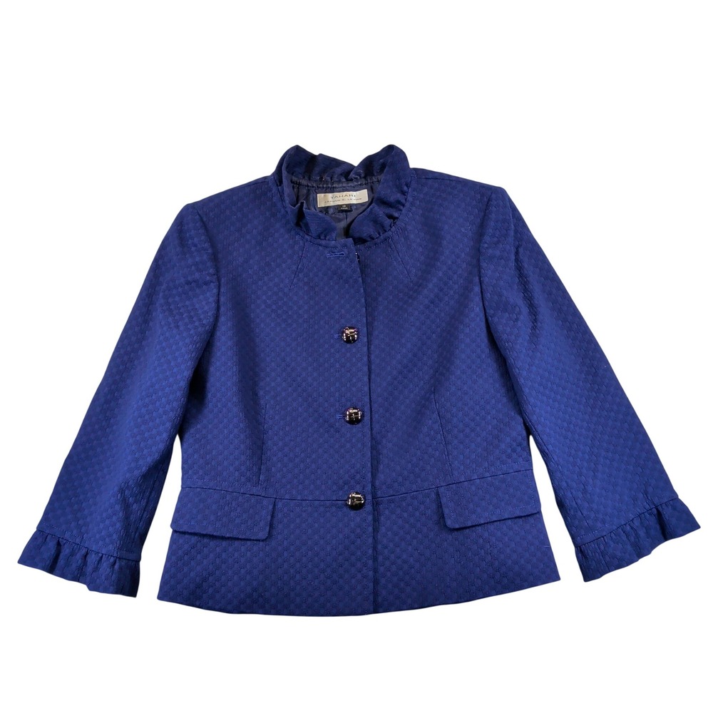 Vintage Tahari Levine Womens Blue Textured Ruffle Neck Button Blazer Jacket 10